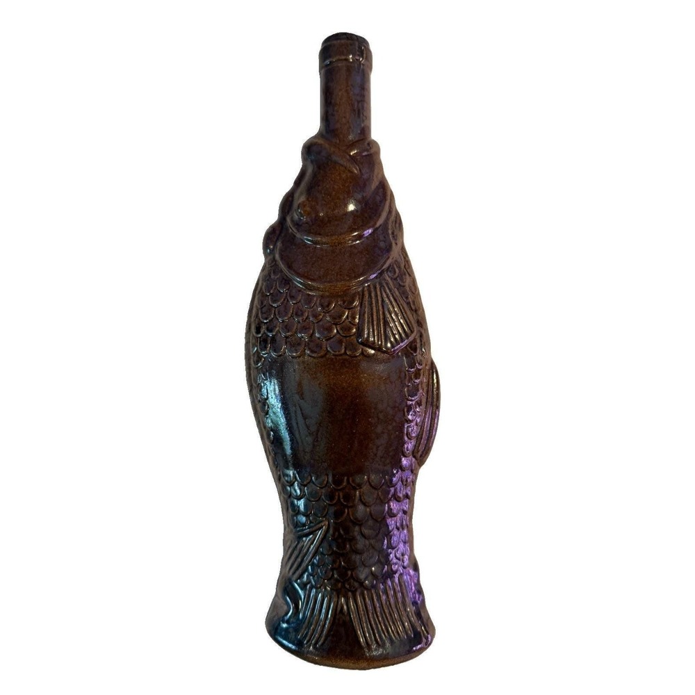 12.25" Vintage Brown Ceramic Fish Shaped Bottle